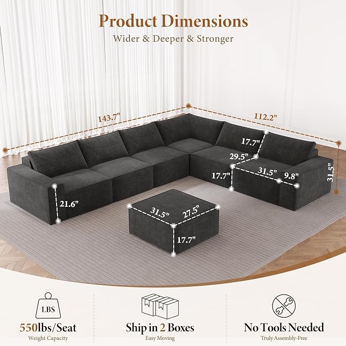 Vesgantti 143.7" Oversized Boneless Couch, Modern 7 Seater Modular Sectional - Image 2