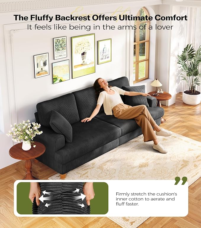 87in Corduroy Couch, Kidirect Sofa No Tool Assembly, Comfy Couches - Image 3