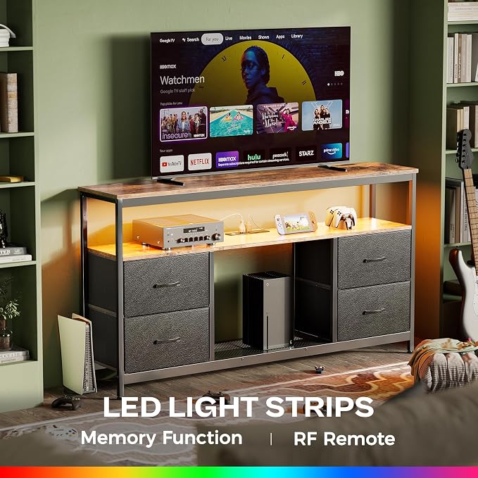 Huuger TV Stand Dresser with Power Outlets and LED Lights, 4 Drawers - Image 2