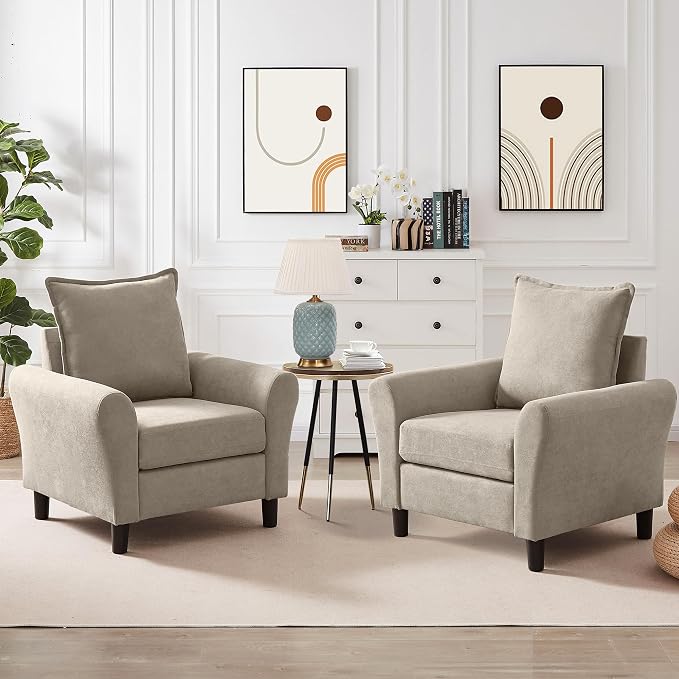 Mid-Century Accent Chairs Set of 2, Modern Linen Fabric Armchair by Chireca