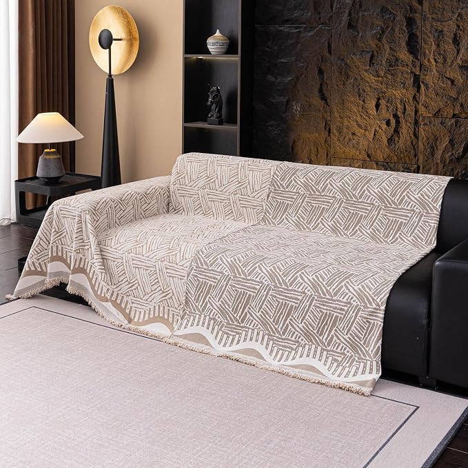 VClife Boho Couch Cover, Abstract Cream and Khaki Line Geometric Jacquard Couch - Image 6