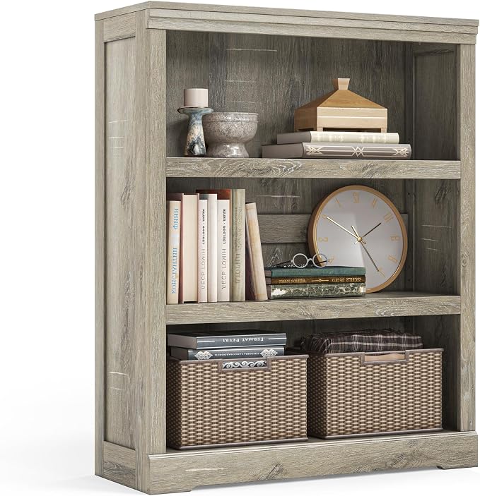 LINSY HOME 3-Tier Bookshelf, Small Wood Display Storage Shelves Farmhouse by LINSYHOME