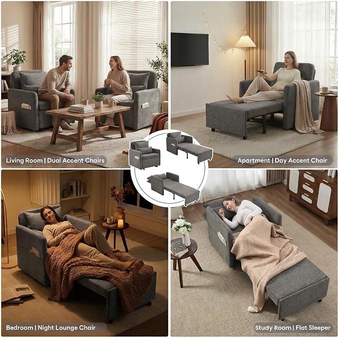 Iroomy 5-Level Adjustable Convertible Sleeper Chair, 3-in-1 Pull Out Sofa Bed - Image 6