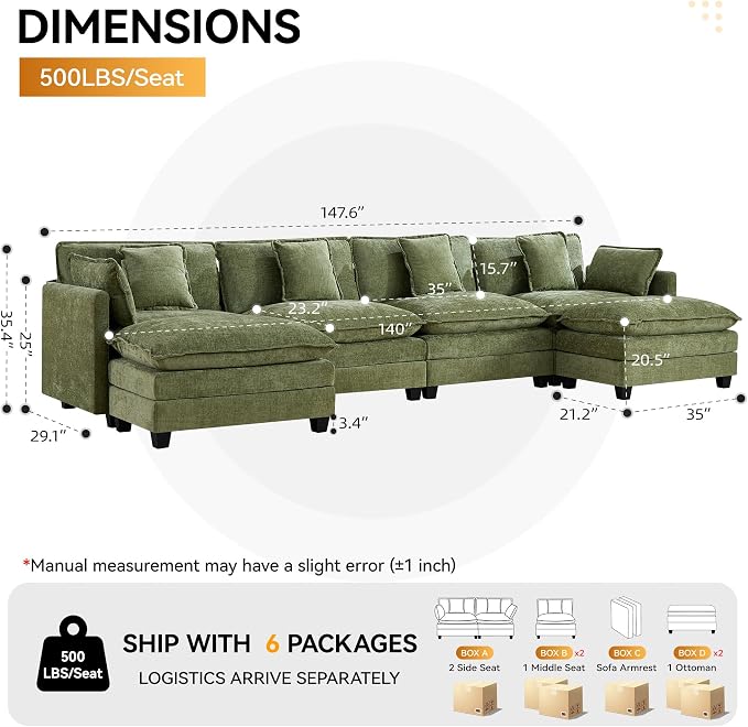 147'' Sectional Cloud Deep Seat Couch, Oversized Chenille U Shaped Sectional - Image 2