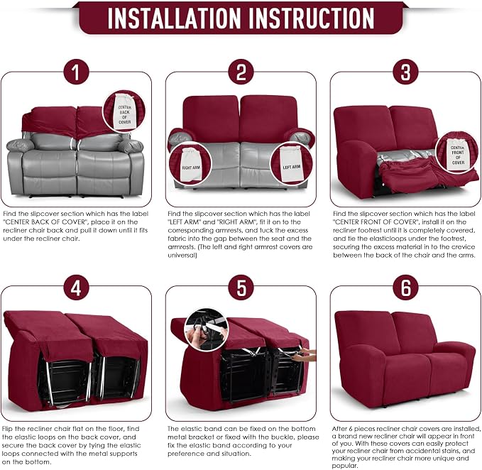 TAOCOCO Recliner Loveseat Slipcover, 6 Pieces Dual Recliner Sofa Covers - Image 6