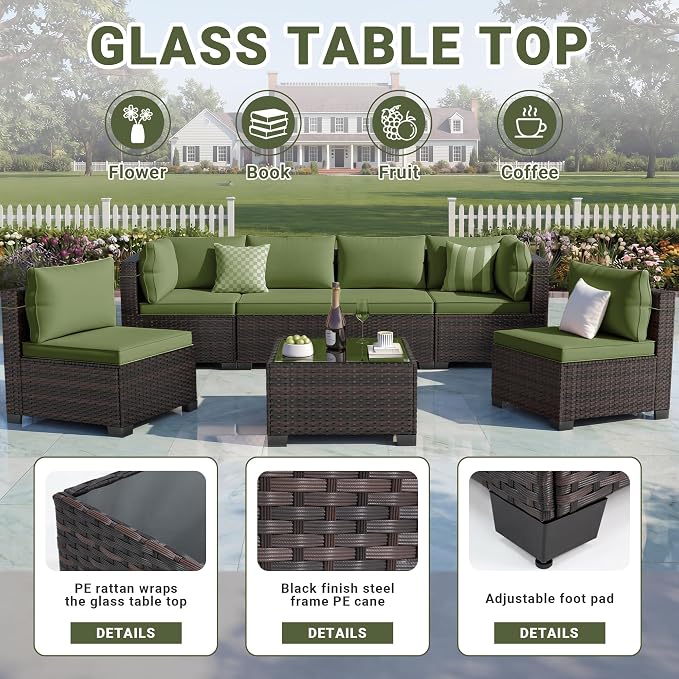 LEVELEVE 7 Pieces Outdoor Patio Furniture Sets, Rattan Conversation Sectional - Image 5