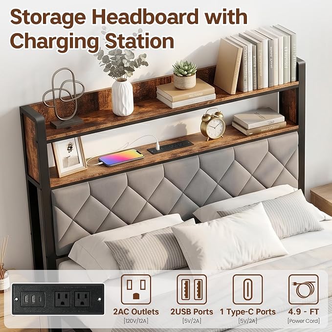 King Size Bed Frame with Charging Station, King Bed Frame with Upholstered - Image 3