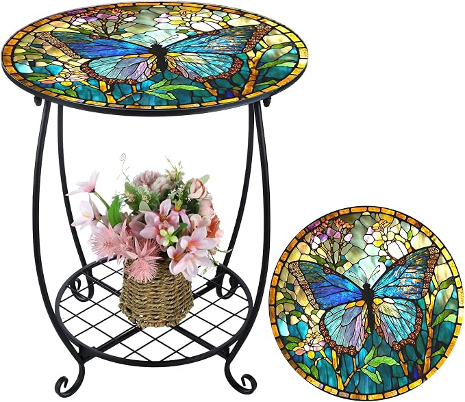 Cinnvoice Outdoor Side Table Round Small Mosaic Patio Accent Indoor End Plant by Cinnvoice