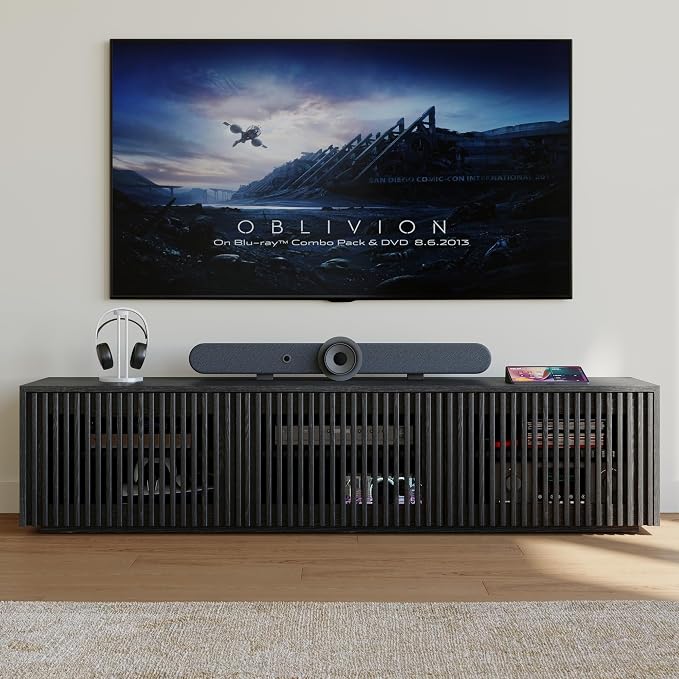POVISON Full Assembled Mid Century Modern TV Stand, Wood Slatted Media Console - Image 3