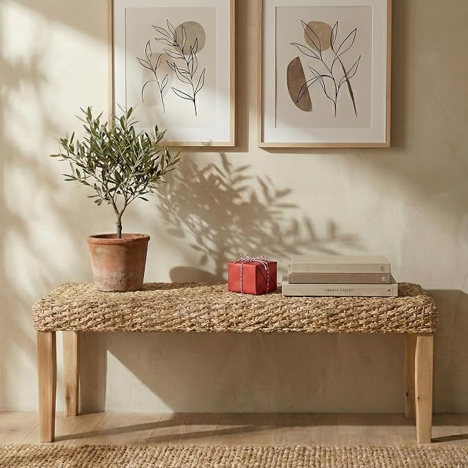 Indoor Bench Wicker for Entryway Bench, Wood Bench for Living Room Dining Bench - Image 8