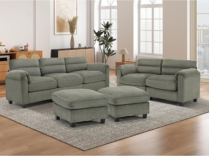 HAOMARKETS Corduroy 4-Piece Sofa Set, Upholstered Ottoman Set of 2, Loveseat - Image 6