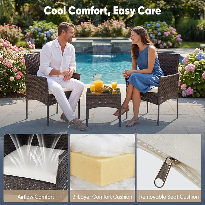 DUMOS 3-Piece Patio Furniture Set, All-Weather Outdoor Wicker Chairs - Image 4