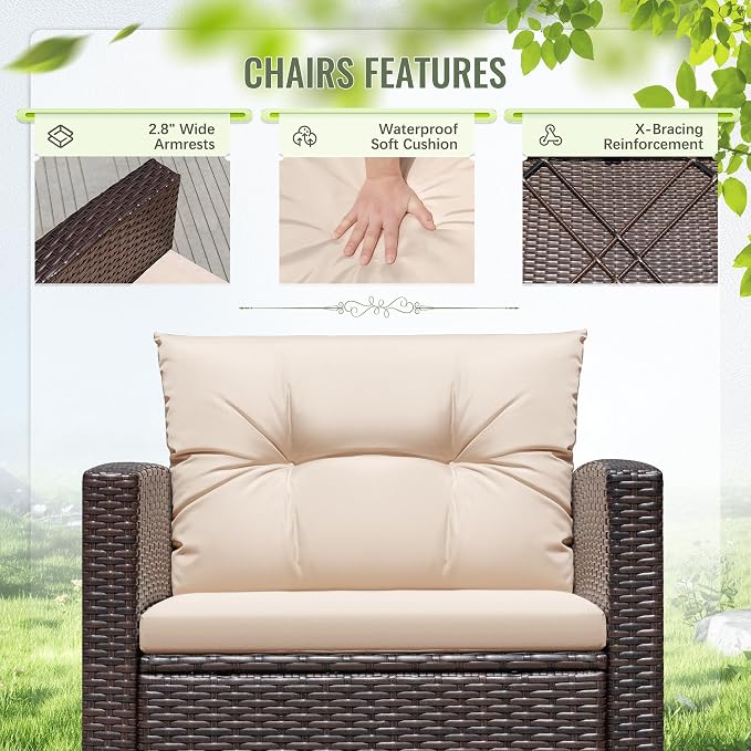 Greesum 3 Pieces Patio Furniture Sets Outdoor PE Rattan Wicker Chairs - Image 4