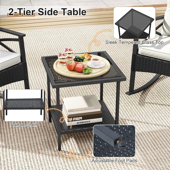 Tangkula 3 Pieces Outdoor Rocking Chairs Set, Rattan Heavy Duty Cushioned - Image 8