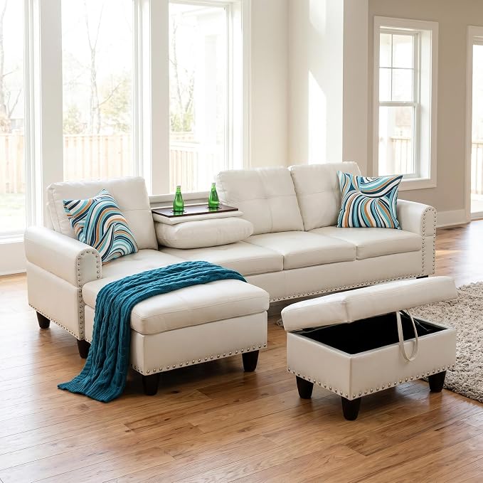 97.5" White L Shaped Couch Set Leather, Modular Sectional Couches - Image 6