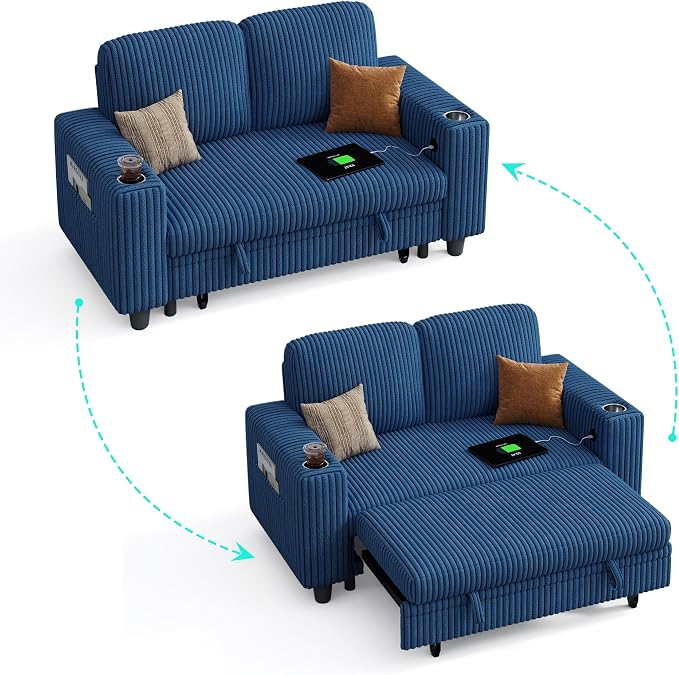 LINSY HOME Loveseat Sofa with Pull Out Couch Chaise: 2-in-1 Convertible 2 - Image 9
