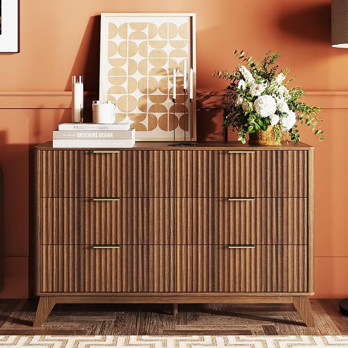 VINGLI Fluted Walnut Dresser 6 Drawer, Dark Brown Wood Dresser - Image 8