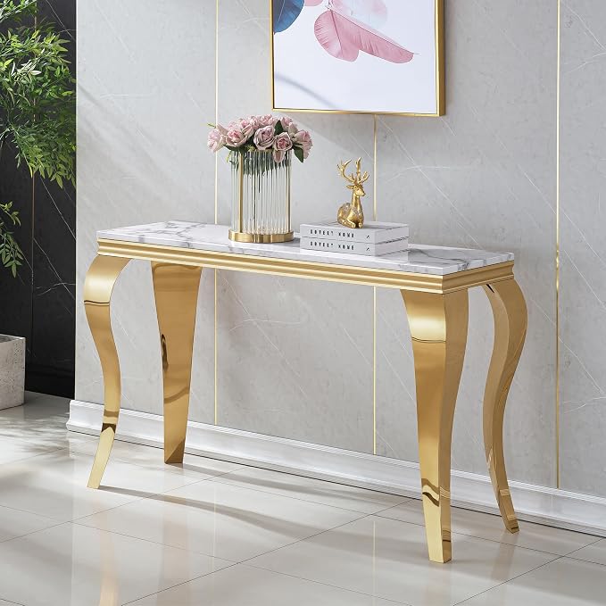 Henf 47" Marble Console Table Entryway Table Modern White Faux Marble Accent by Henf
