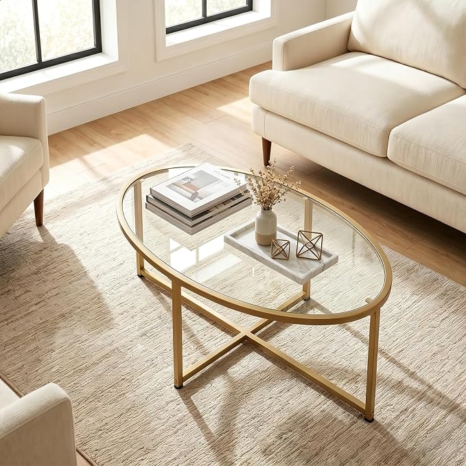 Wolawu Coffee Table Gold Oval Glass Coffee Tables - Image 7