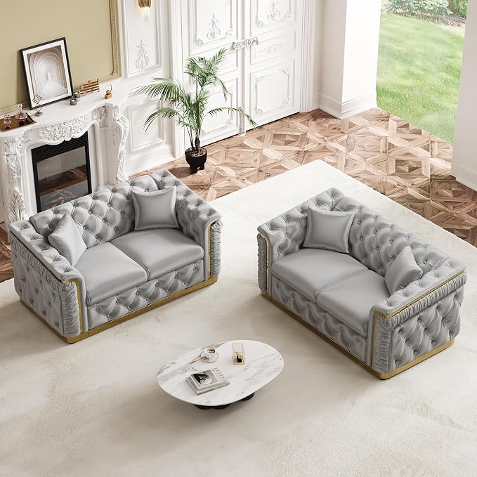 62.2" Luxury Velvet Chesterfield Sofa Tufted Victorian Black and Gold Couch - Image 8