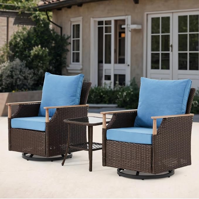 HOMREST 3 Piece Outdoor Swivel Chair Set, Wicker Patio Bistro Set by HOMREST