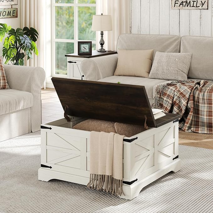 Furnideco Farmhouse Lift Top Coffee Table, Square Wood Center Table - Image 3