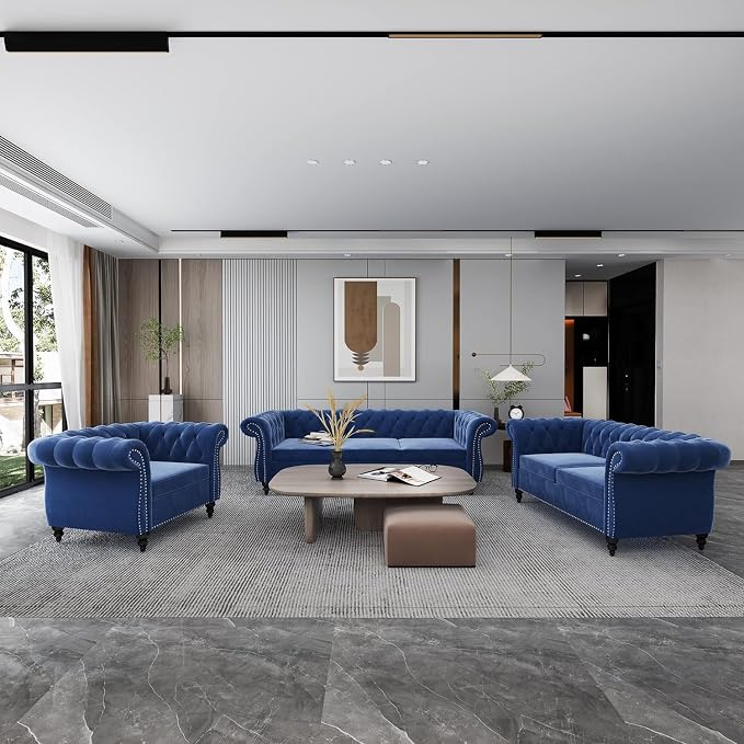 Chesterfield 3 Seater Sofa, Modern Velvet Tufted Couch 3 Seater - Image 3