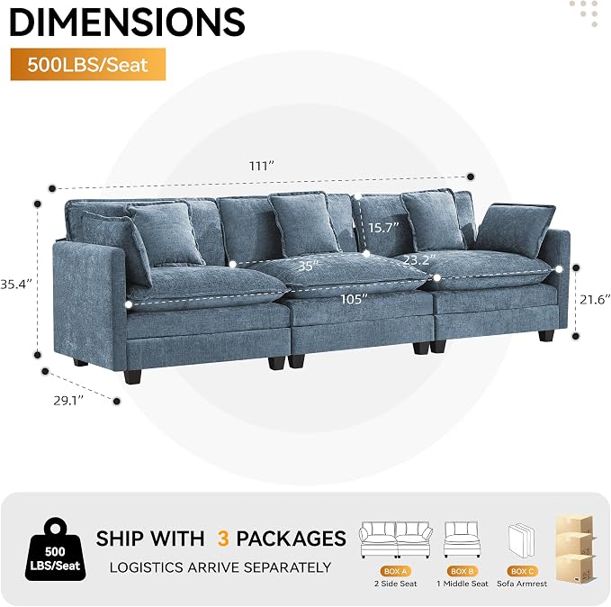 111'' Sectional Cloud Deep Seat Couch, Modern Comfy Chenille Modular Sectional - Image 2