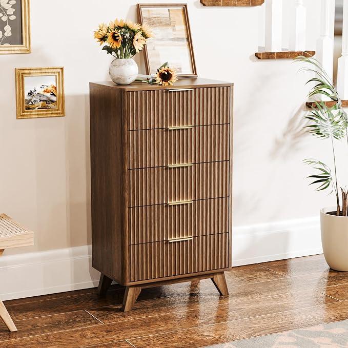 VINGLI Fluted Tall Dresser 5 Drawer, 23.66" W Chest of Drawers, Walnut Wood - Image 7