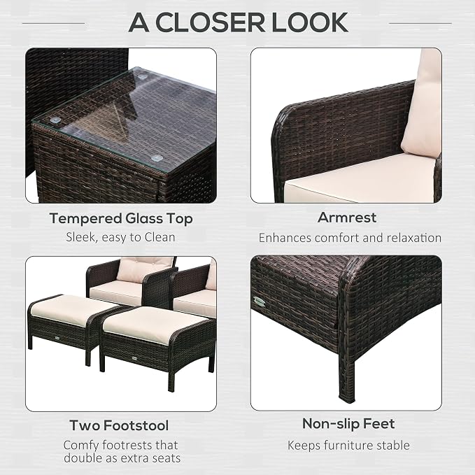 Outsunny 5 Pieces Rattan Wicker Lounge Chair Outdoor Patio Conversation Set - Image 5