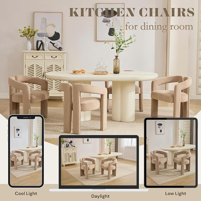 Hyfirm Upholstered Barrel Dining Chairs Set of 6, Khaki Velvet Kitchen Accent - Image 6