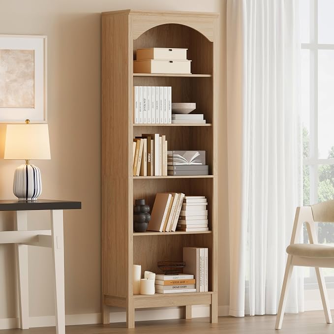 Arched Bookshelf with 5 Tier Open Shelves, Study and Living Room, Natural Oak by JMHDYG