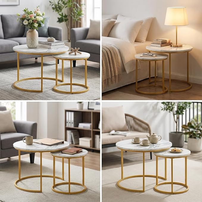 Round Nesting Coffee Table Set of 2, Modern Marble Pattern Wooden Nesting Tables - Image 6