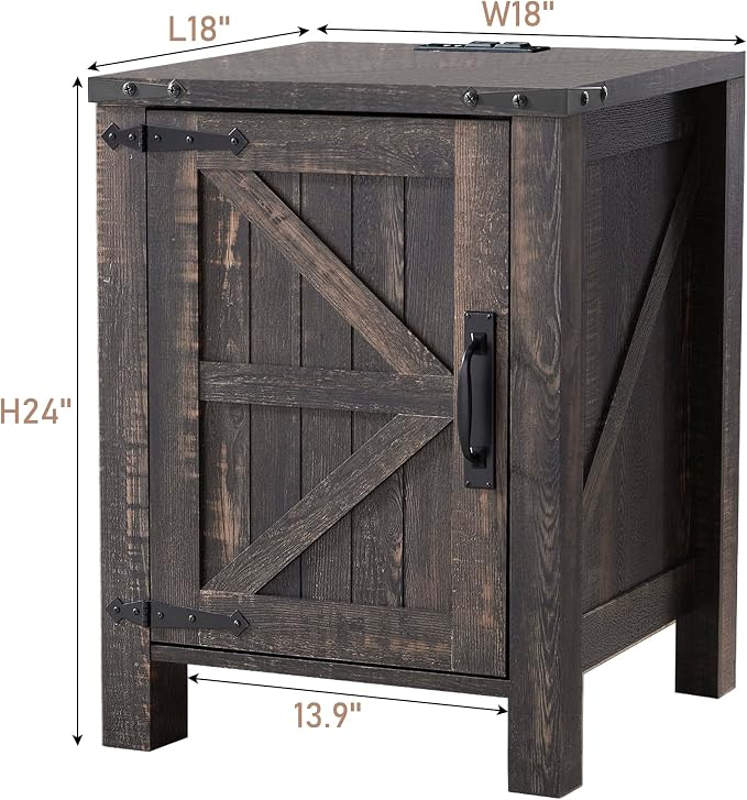 OKD Nightstand with Charging Station, 18 Inch Farmhouse End Table with Barn - Image 8