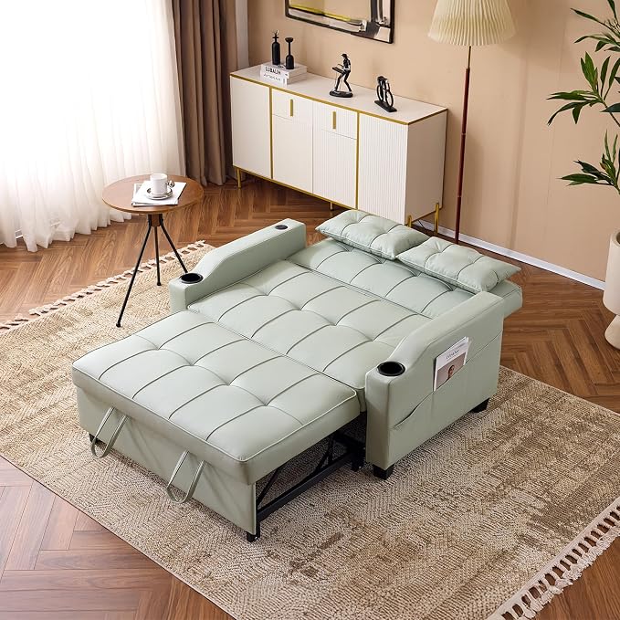 VINGLI Green Futon Sofa Bed Convertible Loveseat Sleeper Couch, Faux Leather - Image 2