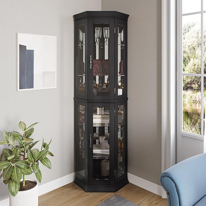 BELLEZE Lighted 3-Side Glass Display Curio Cabinet w/Tempered Glass Doors & by BELLEZE