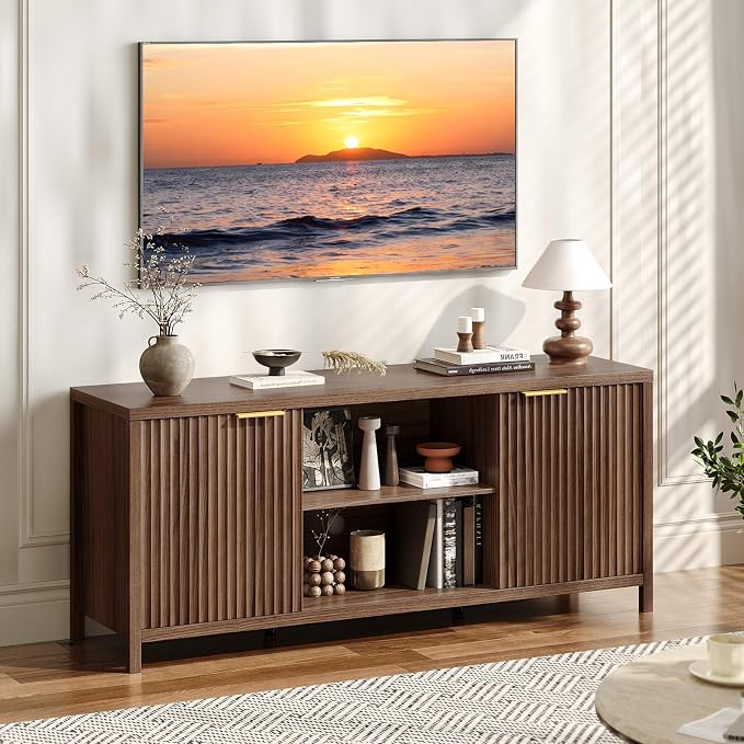 VINGLI 57.8" Fluted TV Stand for TVs up to 70 Inch, Mid-Century Modern by VINGLI