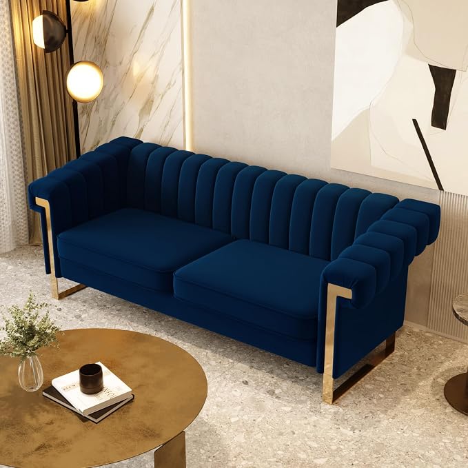 Mid-Century Modern Blue Velvet Sofa - Image 6