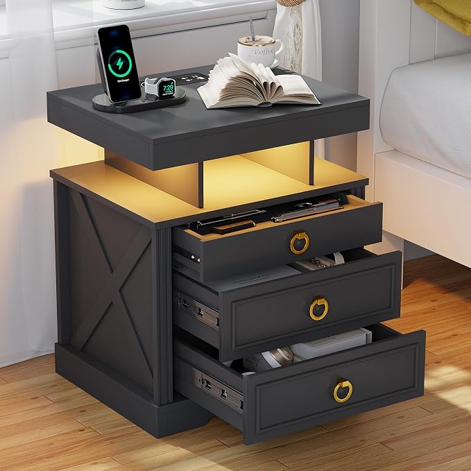 HNEBC Night Stand Set 2 with Gun Drawers, Farmhouse Nightstand with Charging - Image 2
