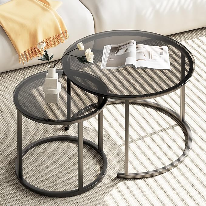 aboxoo Nesting Coffee Table Grey Glass Table Set of 2, Small Round Glass by aboxoo
