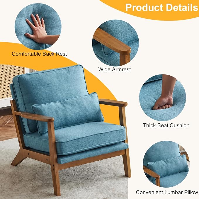 Karl home Accent Chair Wide Armrest Mid-Century Lounge Chair Linen Fabric - Image 3