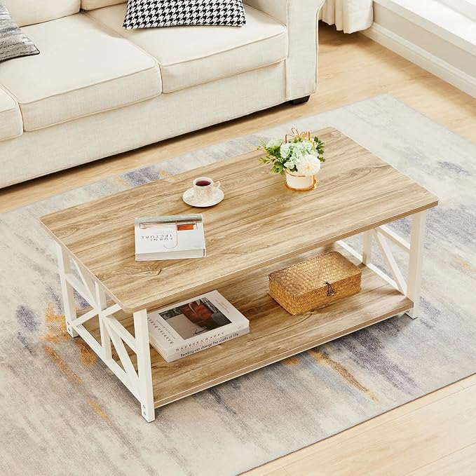 GreenForest Coffee Table with Round Corner, Farmhouse Center Table with 2-Tier - Image 2