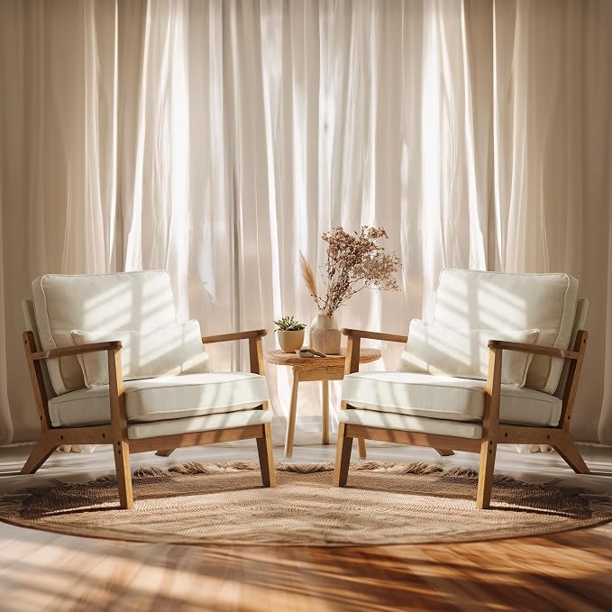 VINGLI Solid Wood Wide Armrests Accent Chair Set of 2, Upholstered Mid Century by VINGLI