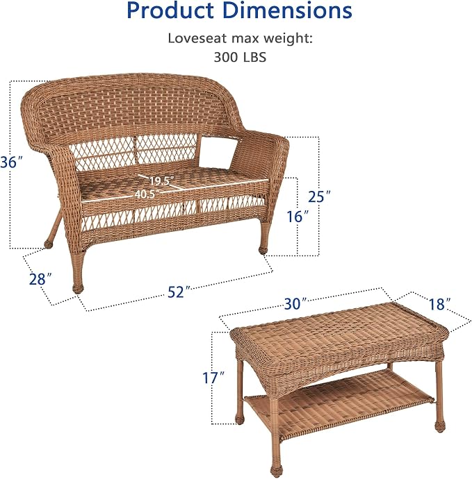 Jeco Wicker Patio Love Seat and Coffee Table Set in Honey Without Cushion - Image 6