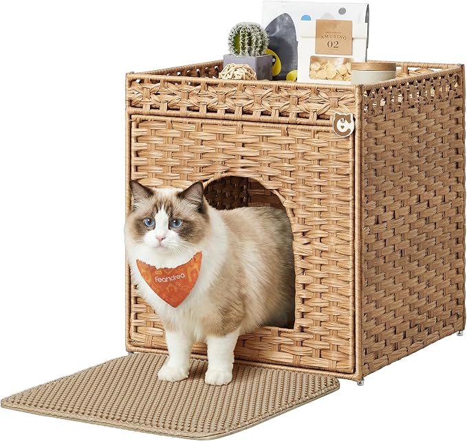 Feandrea Cat Litter Box Enclosure, Handwoven Rattan Hidden Litter Box Furniture by FeandreabySONGMICSHOME