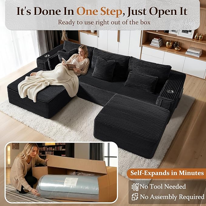 108" Oversized Cloud Sectional Couch, Comfort U Shaped Boneless Couch - Image 5