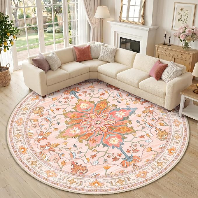 RELEANY Area Rugs Round 10ft Washable Non-Slip, Floral Vintage Distress Print by RELEANY