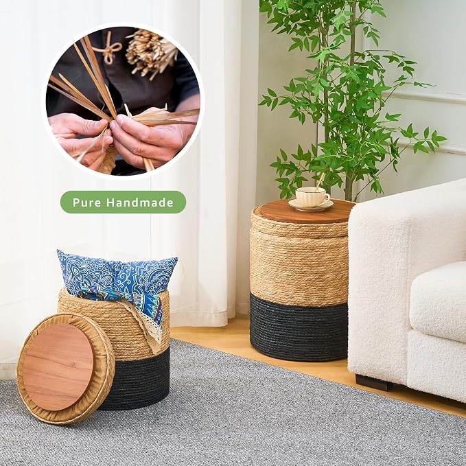 Wimarsbon Round Pouf Ottomans, Handwoven Natural Water Hyacinth Seagrass Pouffe - Image 4