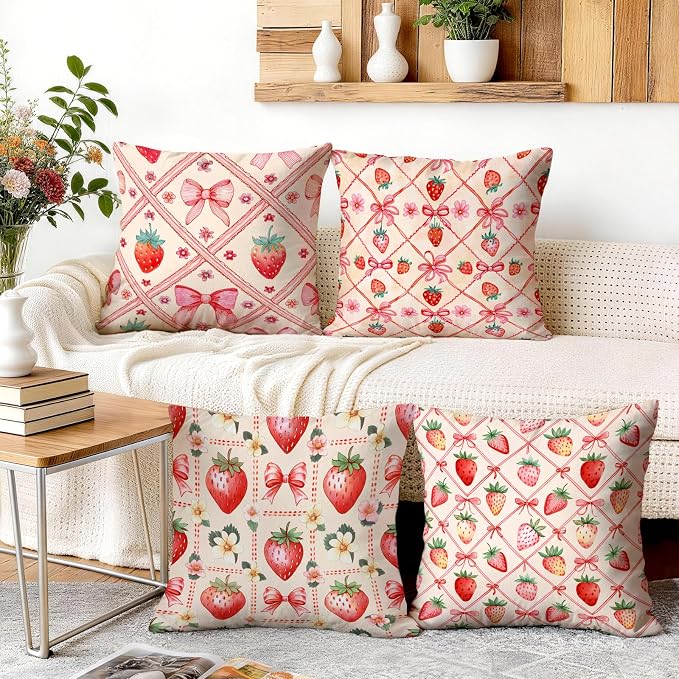 OBSEDE Pink Bow Strawberry Throw Pillow Covers 18 × 18 in, Couch Cushion Cases - Image 5