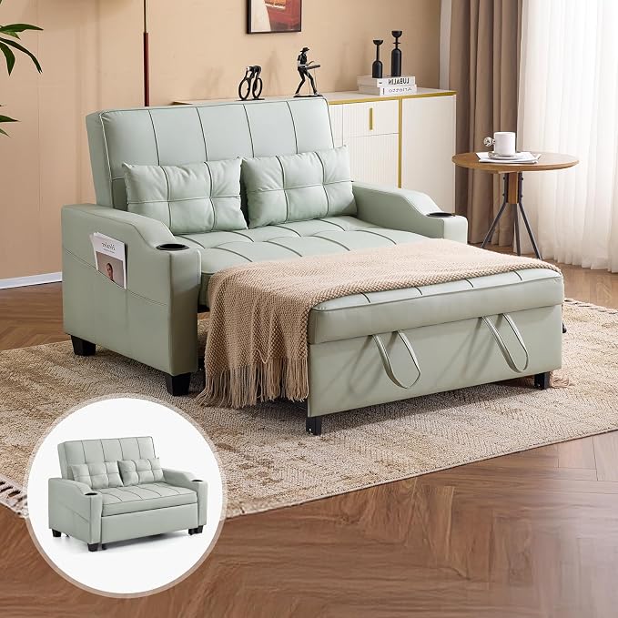 VINGLI Green Futon Sofa Bed Convertible Loveseat Sleeper Couch, Faux Leather by VINGLI